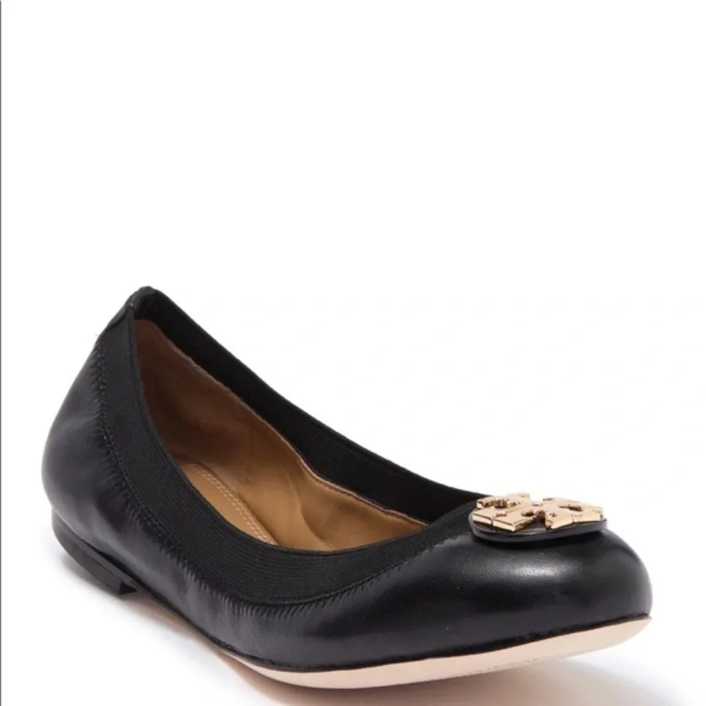 TORY BURCH Black Claire Elastic Ballet Flat with Gold Logo - Size 6.5